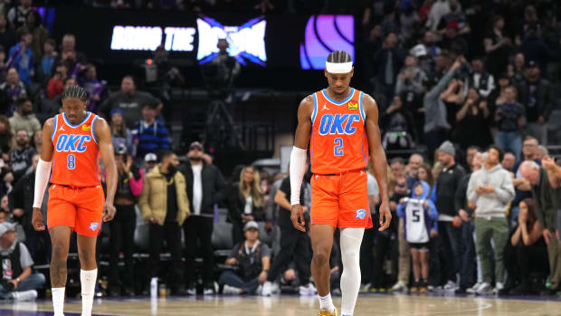 Dec 14, 2023; Sacramento, California, USA; Oklahoma City Thunder guard Shai Gilgeous-Alexander (2) walks to the bench during the fourth quarter against the Sacramento Kings at Golden 1 Center.